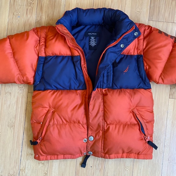 Nautica Puffer Down Jacket Vest Winter Coat Hooded kids size 3 Orange Navy - Picture 10 of 14